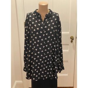 Chicos Black Heart Print Button Down Shirt Tunic Size 3 16 18